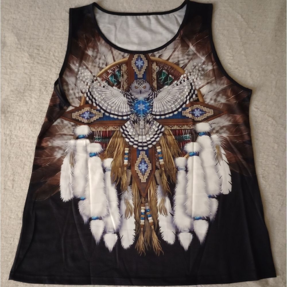 Women's Sleeveless Feather Dreamcatcher Tank Top - White & Brown - Picture 6 of 7